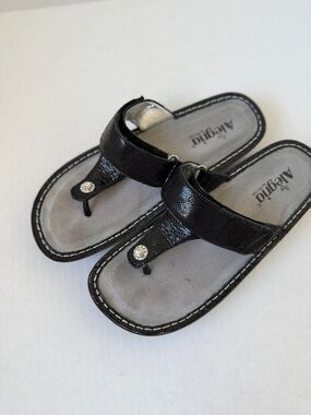 Alegria Black Leather T Strap Diamond Button Slip On Wedge Heel Support Sandals